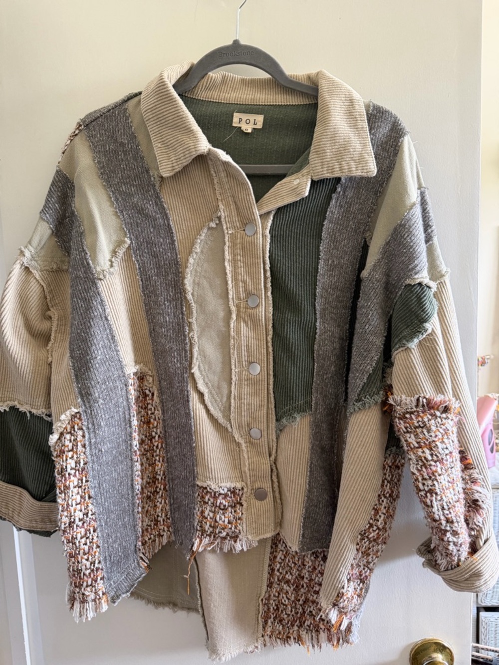 POL Mixed Patchwork Corduroy & Knit Jacket in Beige, Olive & Gray
